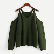 Romwe Plus Open Shoulder V Neck Sweater