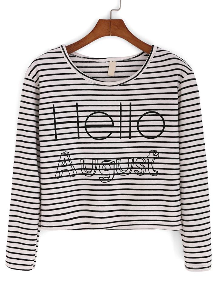 Romwe Striped Letter Print White T-shirt