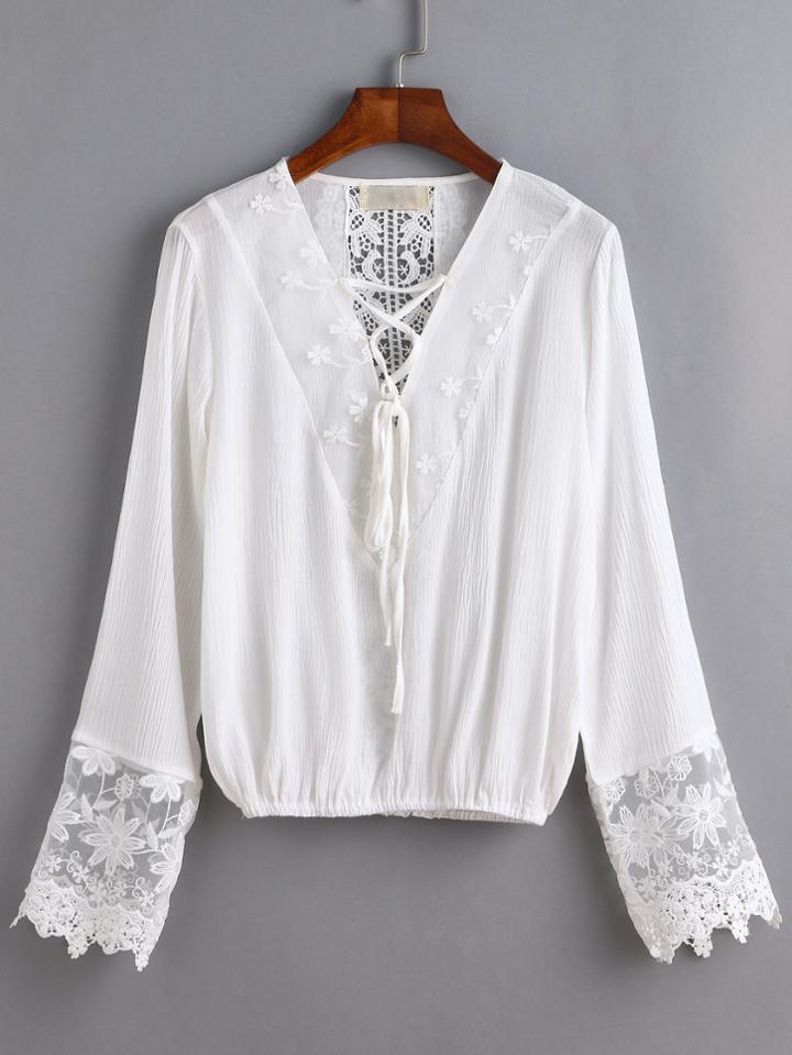Romwe White Lace Up Crochet Lace Hollow Embroidered Blouse