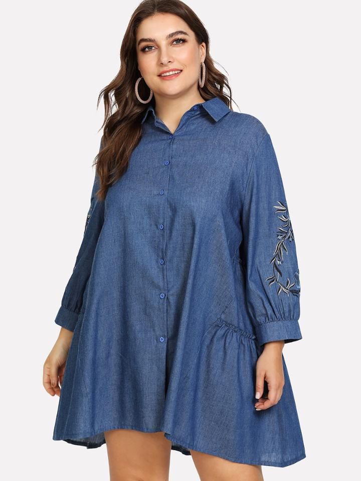 Romwe Botanical Embroiders Ruffle Hem Denim Dress