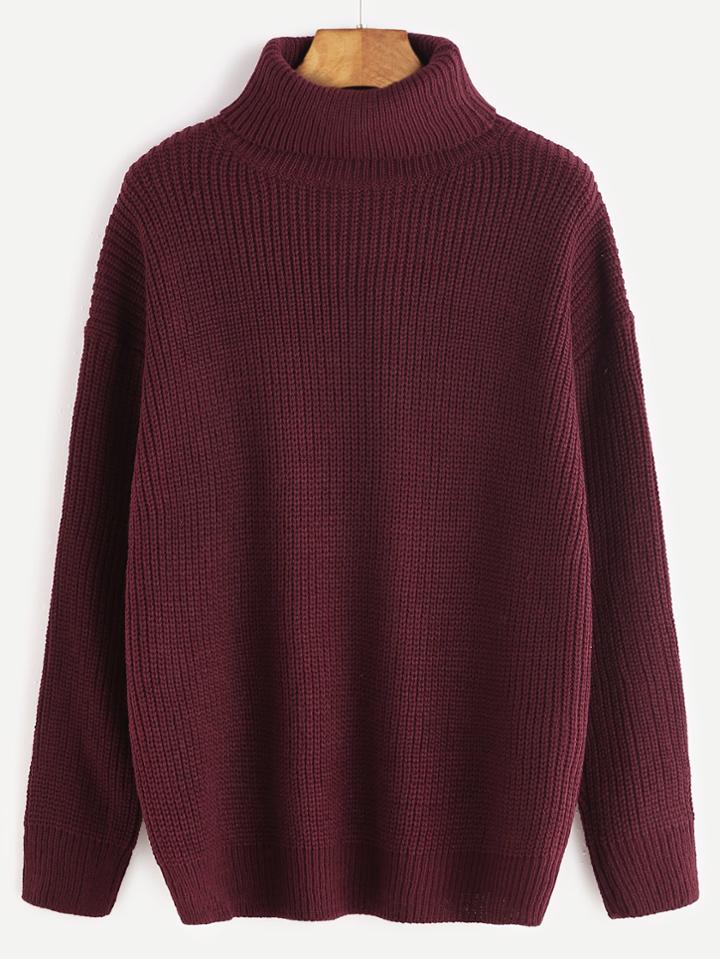 Romwe Burgundy Roll Neck Drop Shoulder Sweater