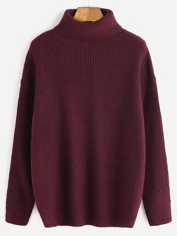 Romwe Burgundy Roll Neck Drop Shoulder Sweater