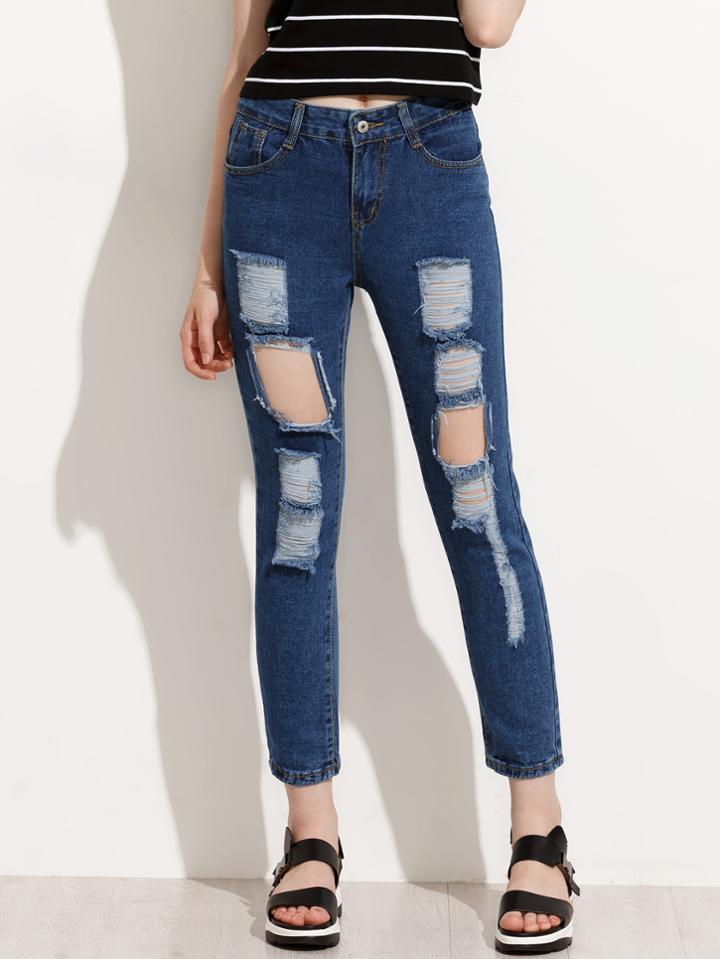 Romwe Dark Blue Distressed Ankle Jeans