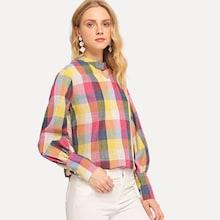 Romwe Color Block Plaid Top