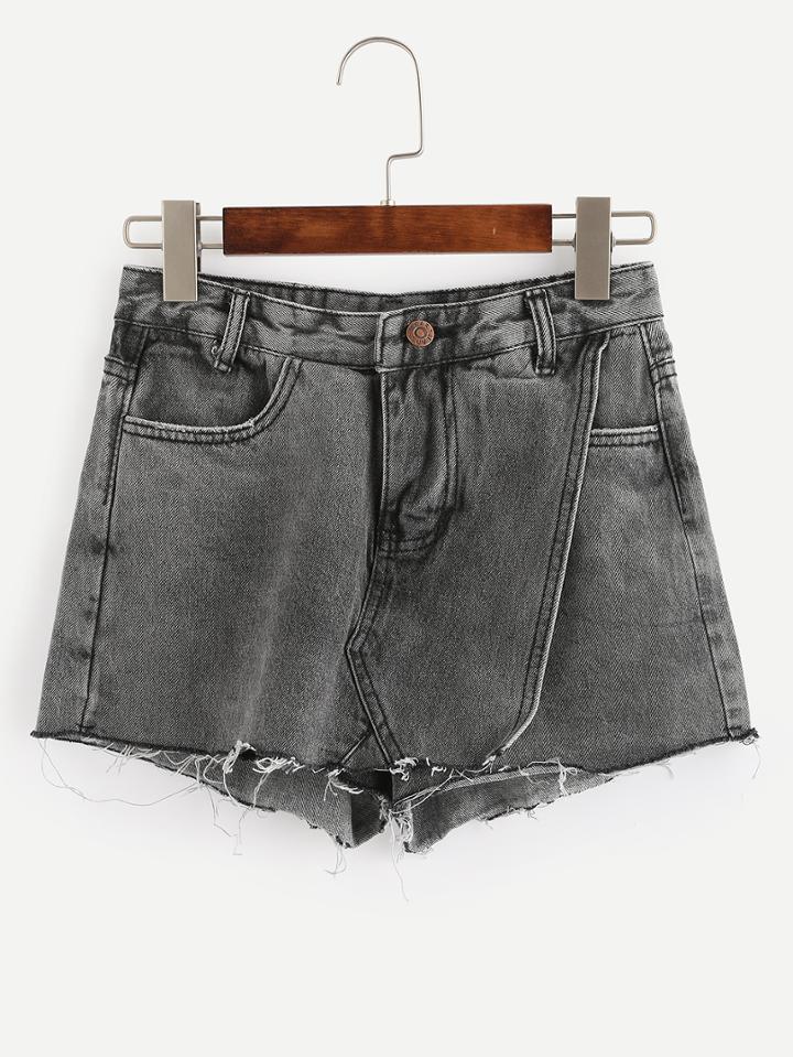 Romwe Raw Hem Wrap Denim Shorts - Dark Grey
