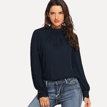Romwe Guipure Lace Cuff Gathered Neck Top