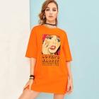 Romwe Figure & Slogan Print Neon Orange T-shirt Dress
