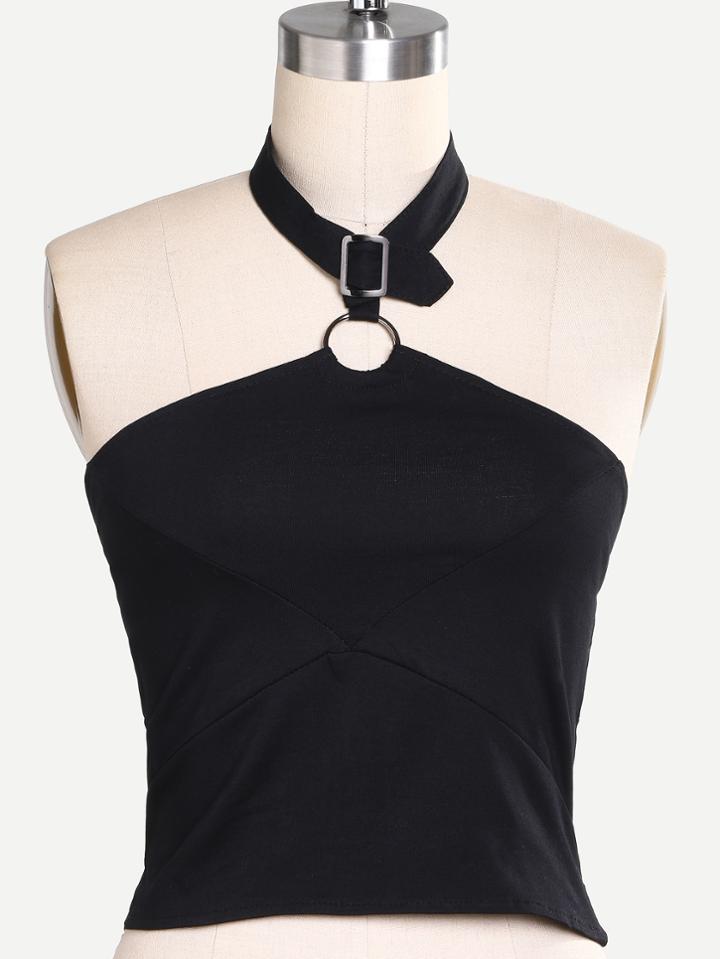 Romwe Black Halter Ring Accent Top