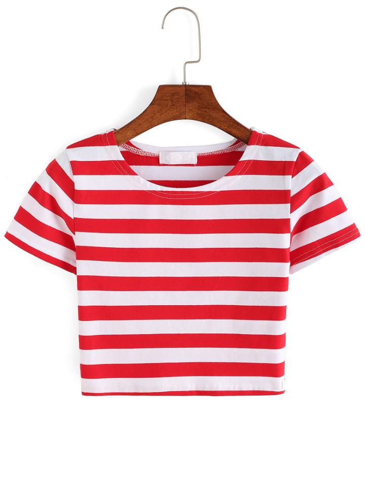 Romwe Red Striped Crop T-shirt