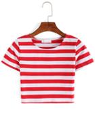 Romwe Red Striped Crop T-shirt