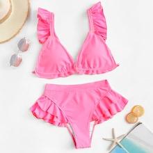 Romwe Ruffle Triangle Top With High Waist Bikini Set