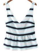 Romwe Multicolor Sleeveless Zipper Side Deep V Neck Stripe Blouse