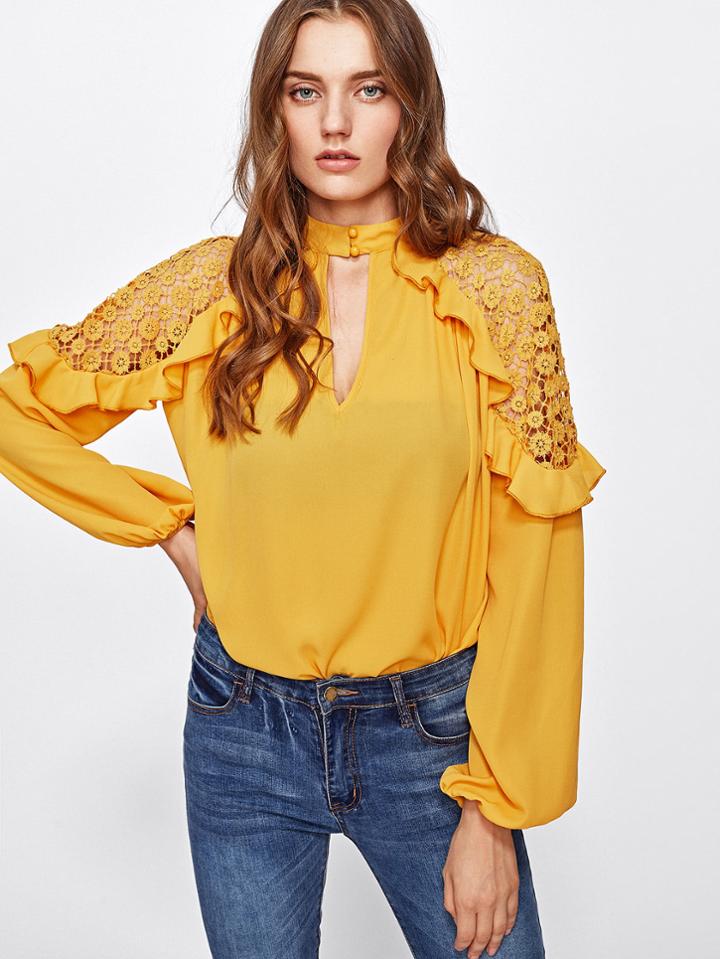 Romwe Keyhole Front Frill Trim Crochet Shoulder Blouse