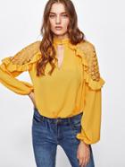 Romwe Keyhole Front Frill Trim Crochet Shoulder Blouse