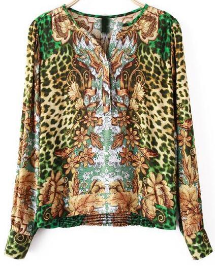 Romwe Leopard V Neck Long Sleeve Floral Blouse