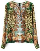 Romwe Leopard V Neck Long Sleeve Floral Blouse