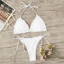 Romwe Lettuce Trim Halter Top With String Bikini Set
