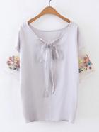 Romwe Tie Neck Contrast Embroidered Sleeve Chiffon Top