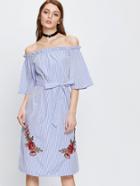 Romwe Vertical Pinstripe Embroidered Appliques Dress With Belt