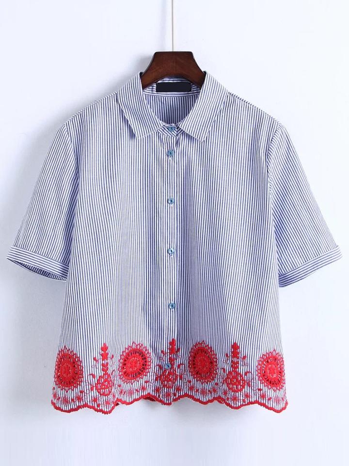 Romwe Blue Vertical Striped Crochet Trim Blouse