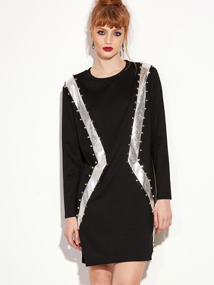 Romwe Black Contrast Glitter Studded Detail Tee Dress