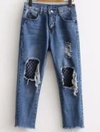 Romwe Blue Contrast Mesh Ripped Detail Jeans