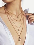 Romwe Cross & Horn Pendant Layered Chain Necklace