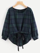 Romwe Knot Front Dip Hem Checked Blouse