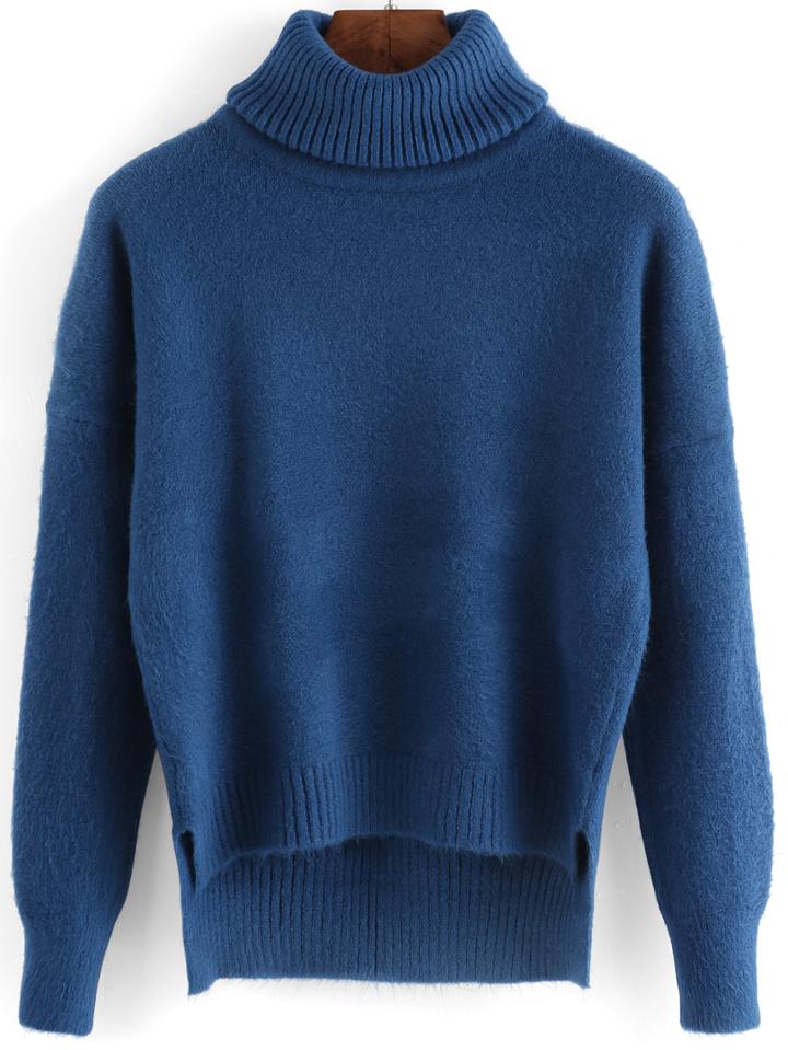 Romwe Turtleneck Dip Hem Split Side Sweater
