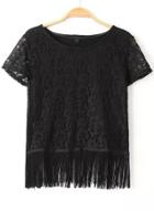 Romwe Black Short Sleeve Lace Tassel Blouse