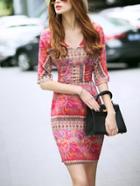 Romwe Red Vintage Print Ruched Waistband Pencil Dress