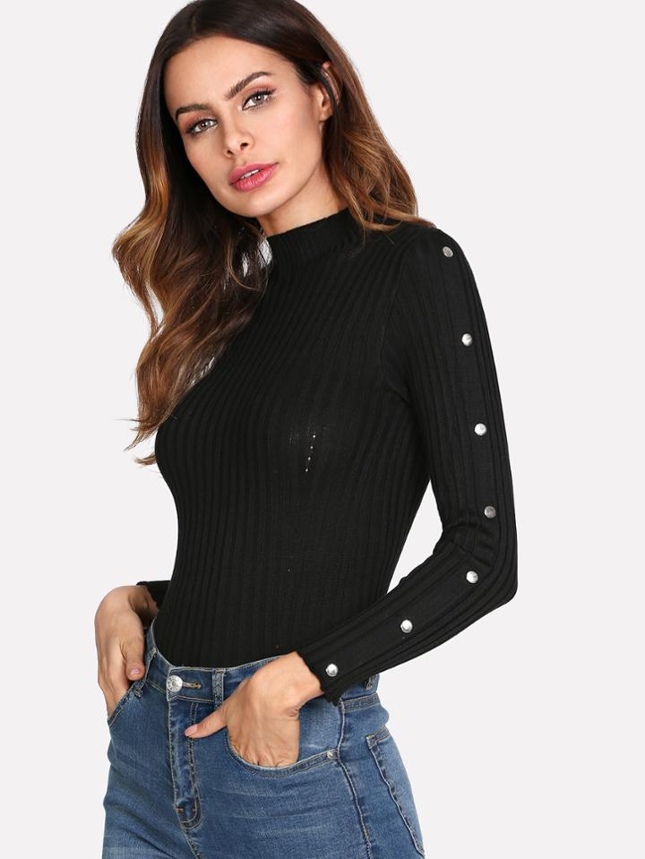 Romwe Button Detail Sleeve Ribbed Knit Sweater