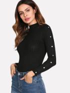 Romwe Button Detail Sleeve Ribbed Knit Sweater