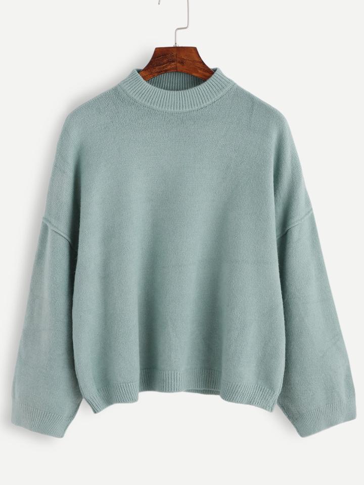 Romwe Green Crew Neck Dropped Shoulder Seam Sweater