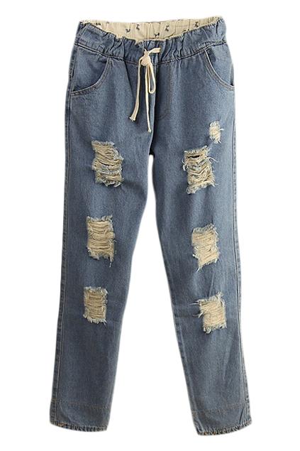 Romwe Ripped Drawstring Elastic Light-blue Denim Jeans