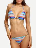 Romwe Striped Toggle Closure Accent Bikini Set