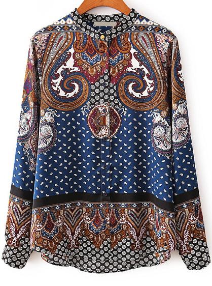Romwe Stand Collar Dip Hem Vintage Print Blouse