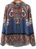 Romwe Stand Collar Dip Hem Vintage Print Blouse
