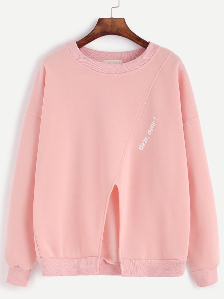 Romwe Pink Letter Print Drop Shoulder Slit Front Sweatshirt