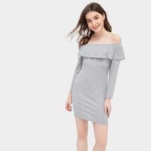 Romwe Ruffle Detail Solid Off The Shoulder Dress