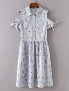 Romwe Open Shoulder Pinstripe Knot Detail Shirt Dress