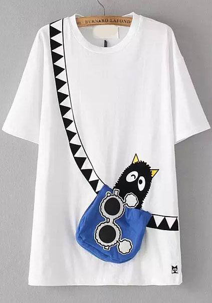 Romwe With Pocket Cartoon Print White T-shirt