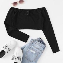 Romwe Off Shoulder Button Detail Crop Top