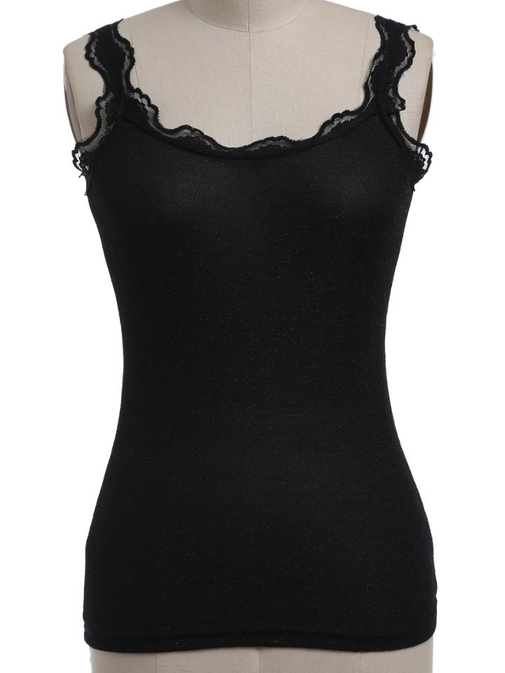 Romwe Lace Insert Slim Black Tank Top
