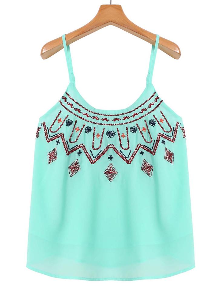 Romwe Spaghetti Strap Embroidered Green Vest