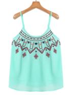 Romwe Spaghetti Strap Embroidered Green Vest
