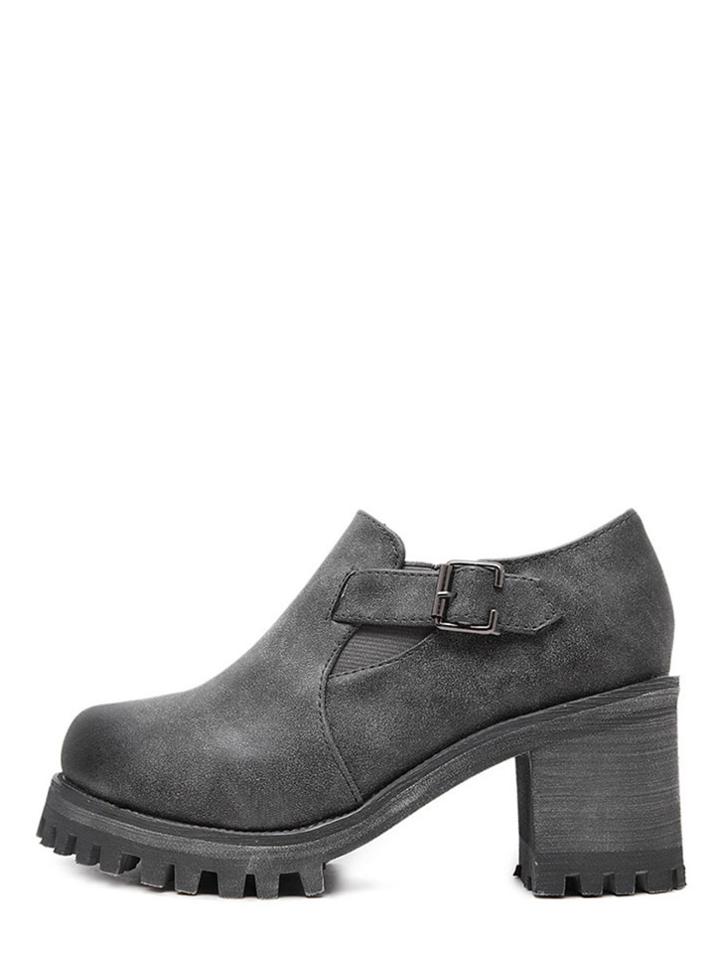 Romwe Grey Round Toe Buckle Chunky Pumps