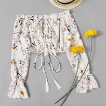 Romwe Tassel Tie Frill Trim Bardot Crop Top