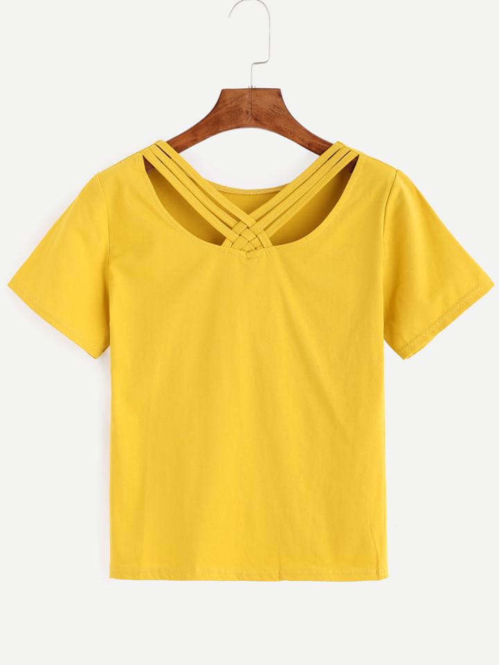 Romwe Yellow Lattice Back T-shirt