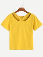 Romwe Yellow Lattice Back T-shirt